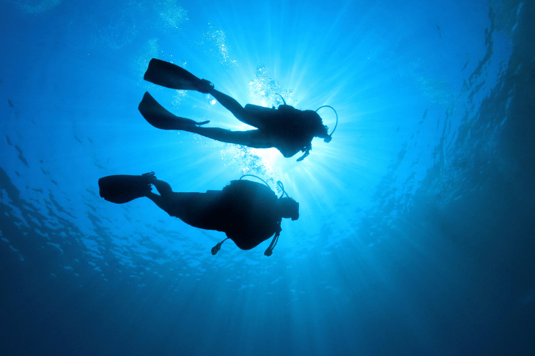 Silhouetted of couple diving underwater against the sun